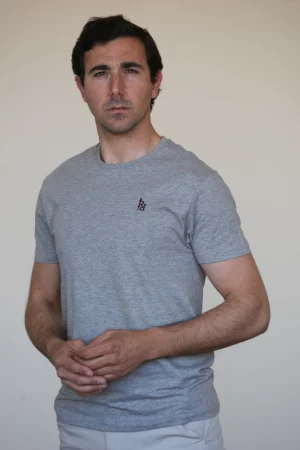 Camiseta manga corta gris con logo bordado en color granate.