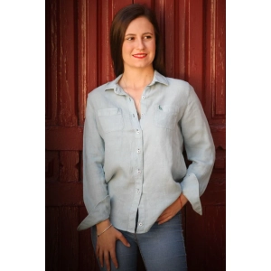 Camisa de mujer de lino azul petróleo gris claro.
